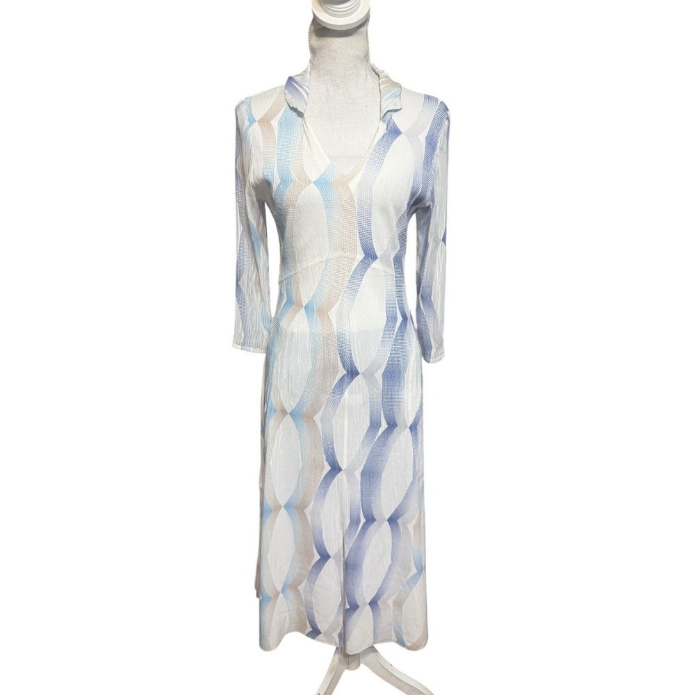Komarov Abstract Print Sheer Long Sleeves Charmeuse Splits Midi Dress Size M